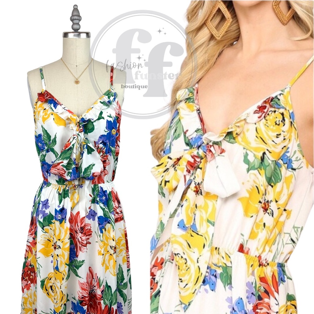 Gigio Rainbow Pop Art Floral Print Ruffle Bow Scarf Bodice High Low Maxi Dress - Picture 9 of 9